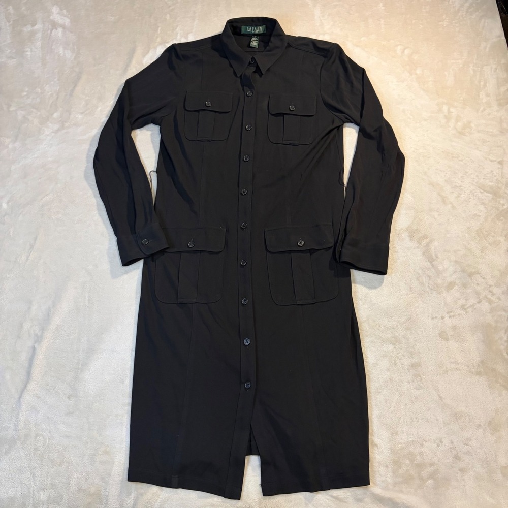 Lauren Ralph Lauren Petite Black Utility Shirt Dress Button Front Cargo PM